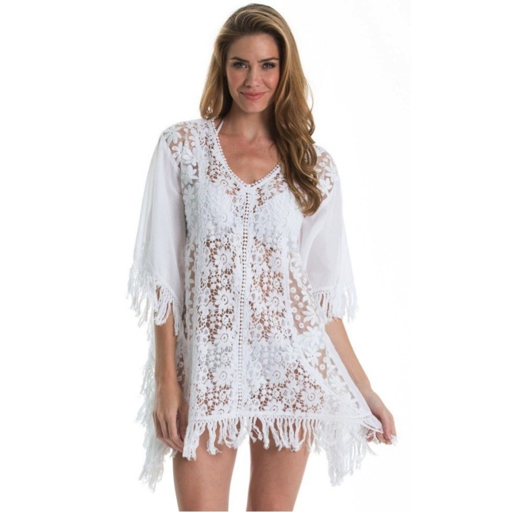 NWT ELAN Crochet Lace Swim Cover Up OS Fringe Poncho Boho Resort Cotton Floral